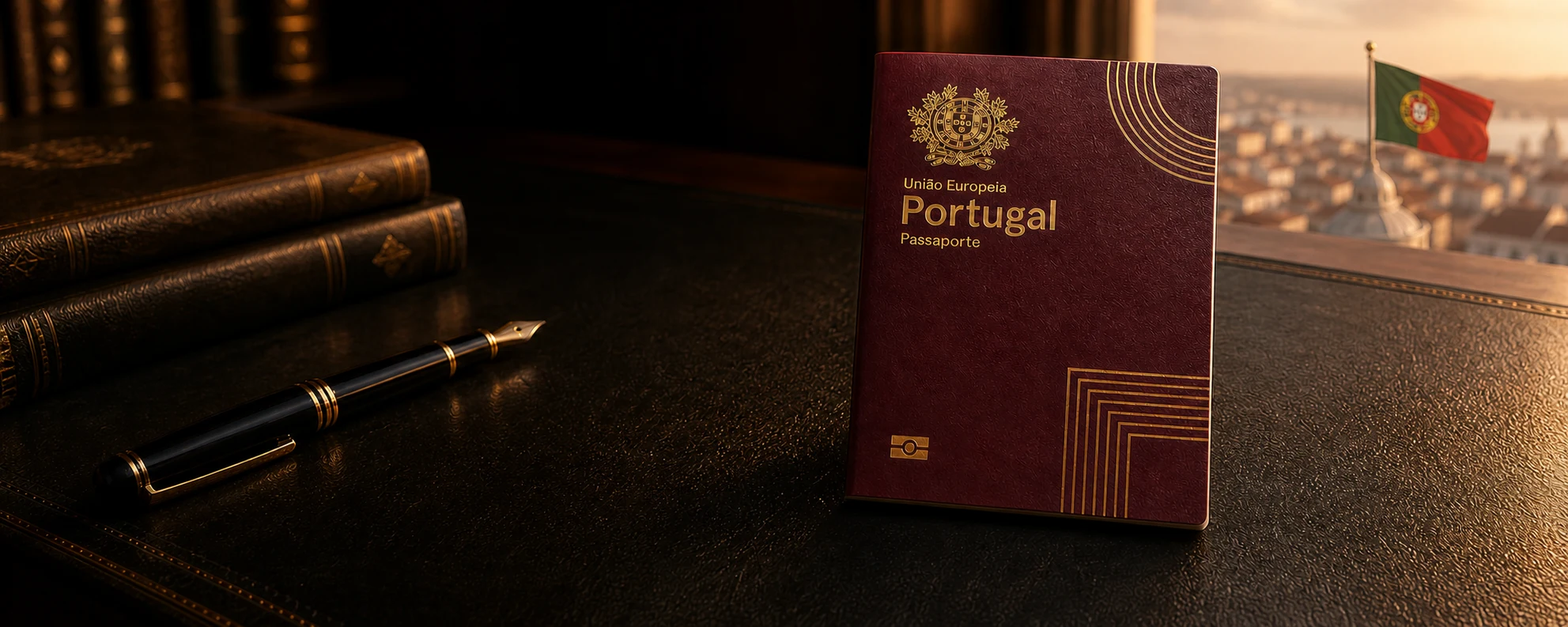 Passaporte português bordô e dourado sobre uma mesa de couro, com livros, caneta, Lisboa e a bandeira portuguesa ao fundo